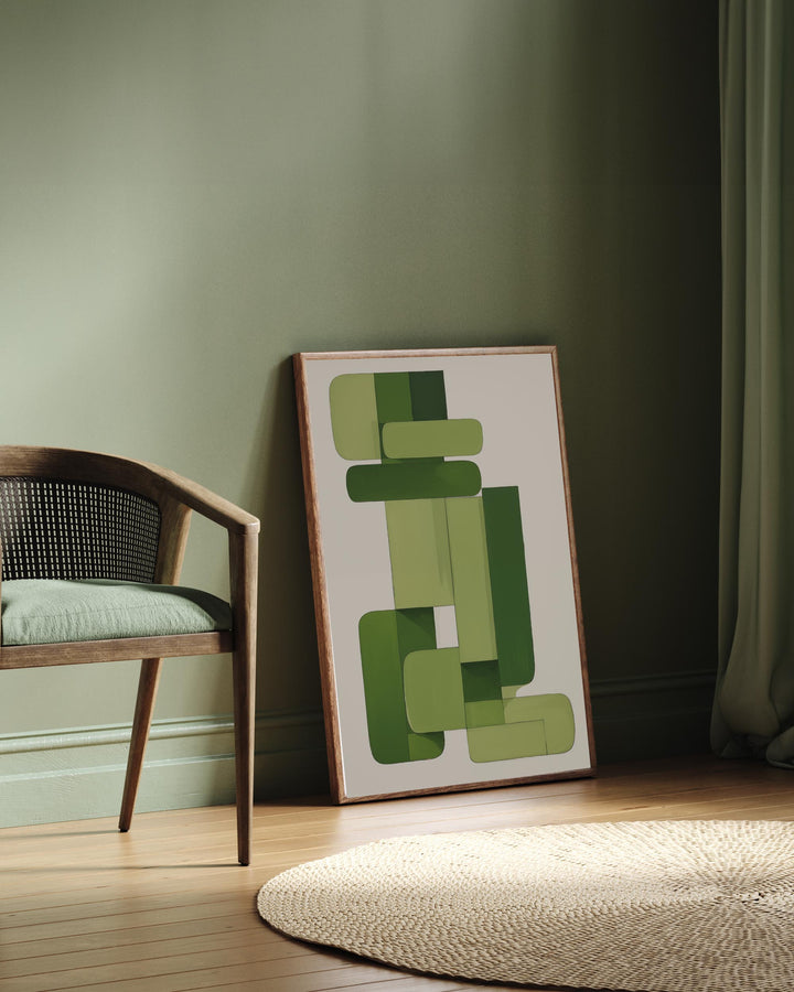 Modern green living room danish furniture with large green geometric abstract wall art print poster in frame leaning on wall